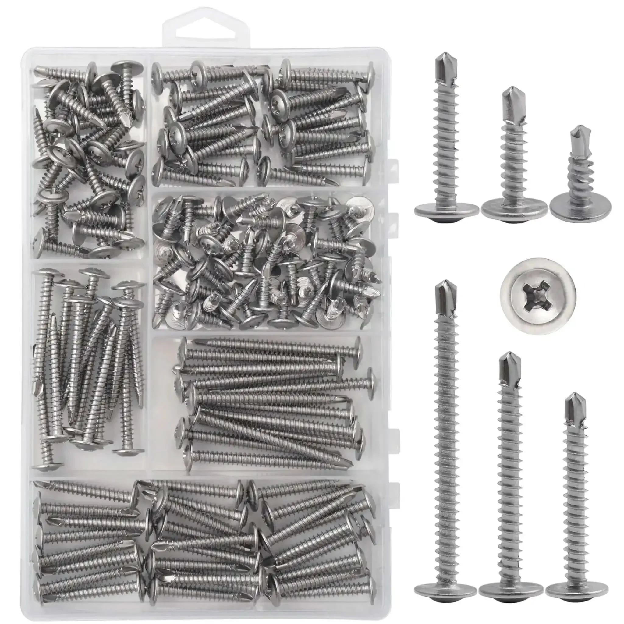 Heavy Duty Sheet Metal Screws Assortment Kit With Self Tapping And Self Drilling, 410 Stainless Steel Fasteners, 145 Pieces Across Six Sizes From Half Inch To Two Inches For Metal Plastic And Wood, Truss Head Hardware Set For Any DIY Job
