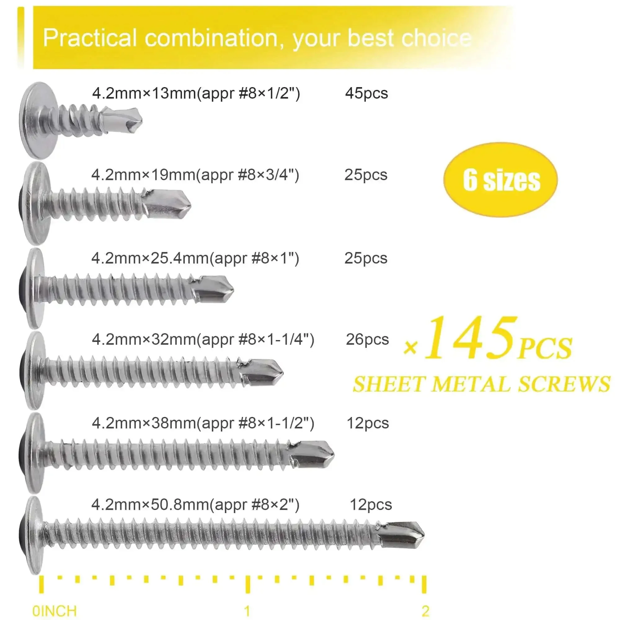 Heavy Duty Sheet Metal Screws Assortment Kit With Self Tapping And Self Drilling, 410 Stainless Steel Fasteners, 145 Pieces Across Six Sizes From Half Inch To Two Inches For Metal Plastic And Wood, Truss Head Hardware Set For Any DIY Job - Image 8