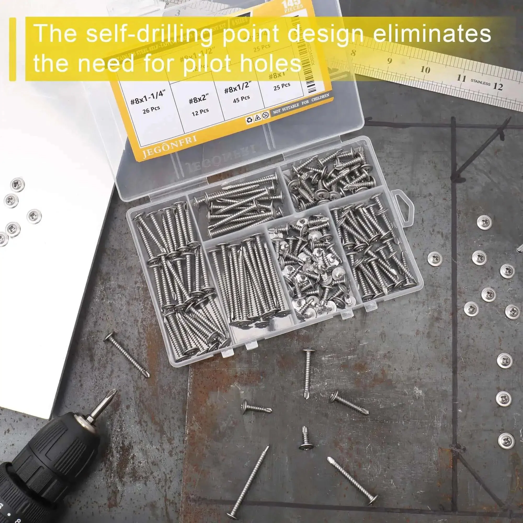 Heavy Duty Sheet Metal Screws Assortment Kit With Self Tapping And Self Drilling, 410 Stainless Steel Fasteners, 145 Pieces Across Six Sizes From Half Inch To Two Inches For Metal Plastic And Wood, Truss Head Hardware Set For Any DIY Job - Image 9