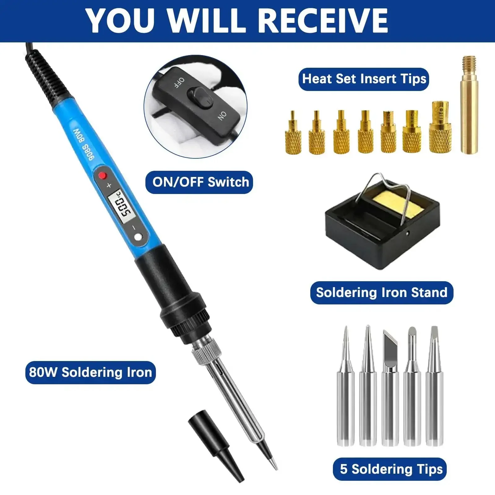 Heavy Duty Soldering Iron Kit With Heat Set Insert Tool 80W 110V LCD Digital Temperature Control 16 In 1 Soldering Kit Includes Iron Tips And Heat Set Inserts 180C To 500C 356F To 932F Adjustable For Precision Projects Blue - Image 3