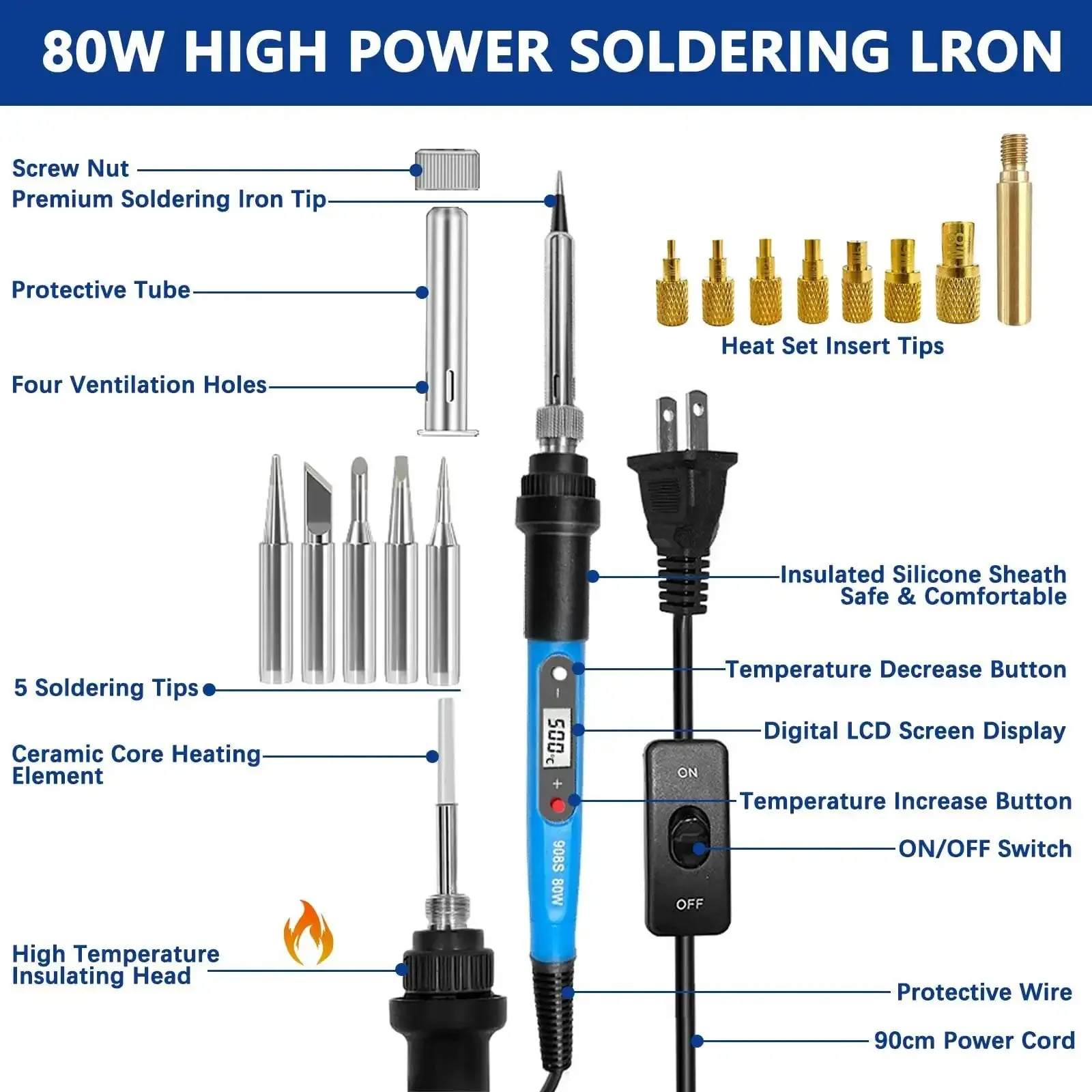 Heavy Duty Soldering Iron Kit With Heat Set Insert Tool 80W 110V LCD Digital Temperature Control 16 In 1 Soldering Kit Includes Iron Tips And Heat Set Inserts 180C To 500C 356F To 932F Adjustable For Precision Projects Blue - Image 8