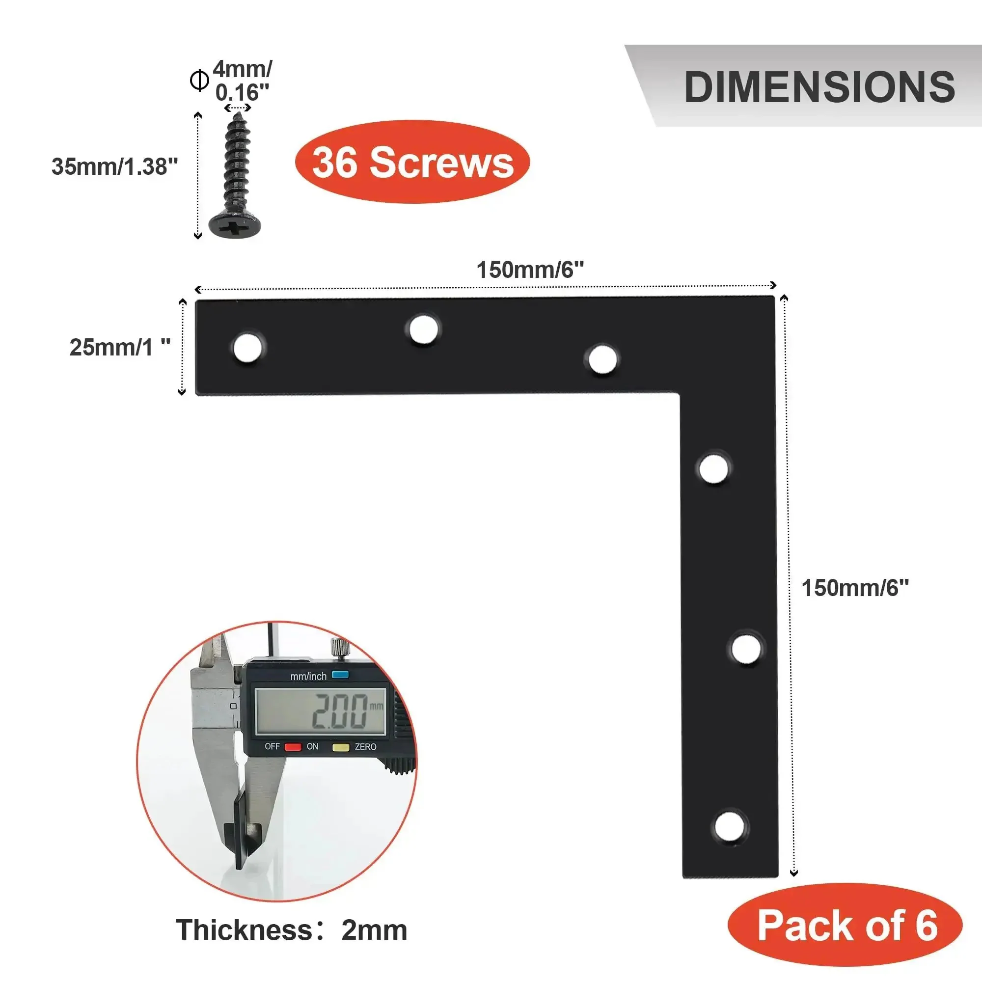Heavy Duty Stainless Steel Beefy L Shaped Mending Plate 6x6 Inch Right Angle Corner Bracket For Wood Matte Black Finish Rustproof 0.08 Inch Thick Pack Of 6 - Image 6