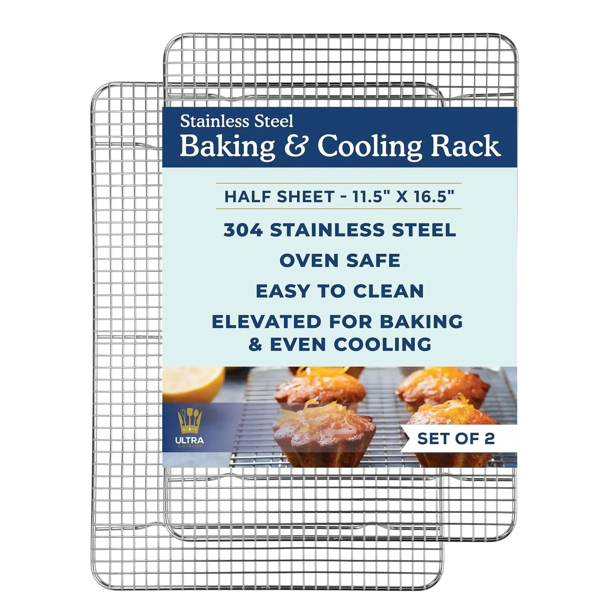 Heavy Duty Stainless Steel Cooling Racks Set Of 2 For Half Sheet Pans, Oven Safe And Dishwasher Safe, Tight Wire Construction With One Inch Height Delivers Superior Airflow And Even Cooling