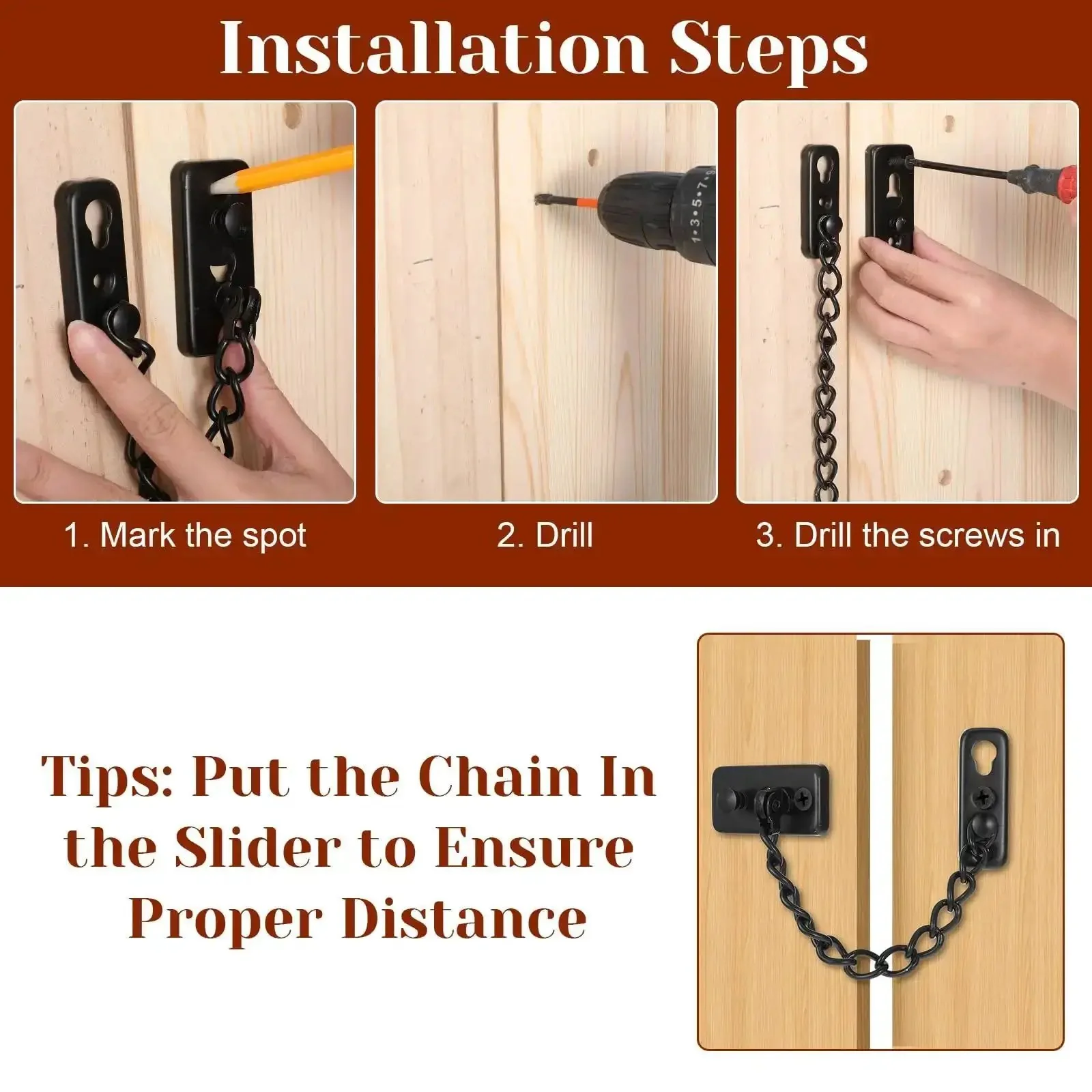 Heavy Duty Stainless Steel Door Chain Lock With Spring Loaded Push Button Latch And Thickened Chain Black Finish For Interior Front Doors Barn Gates Fence And Garage Use Includes 4 Screws - Image 7