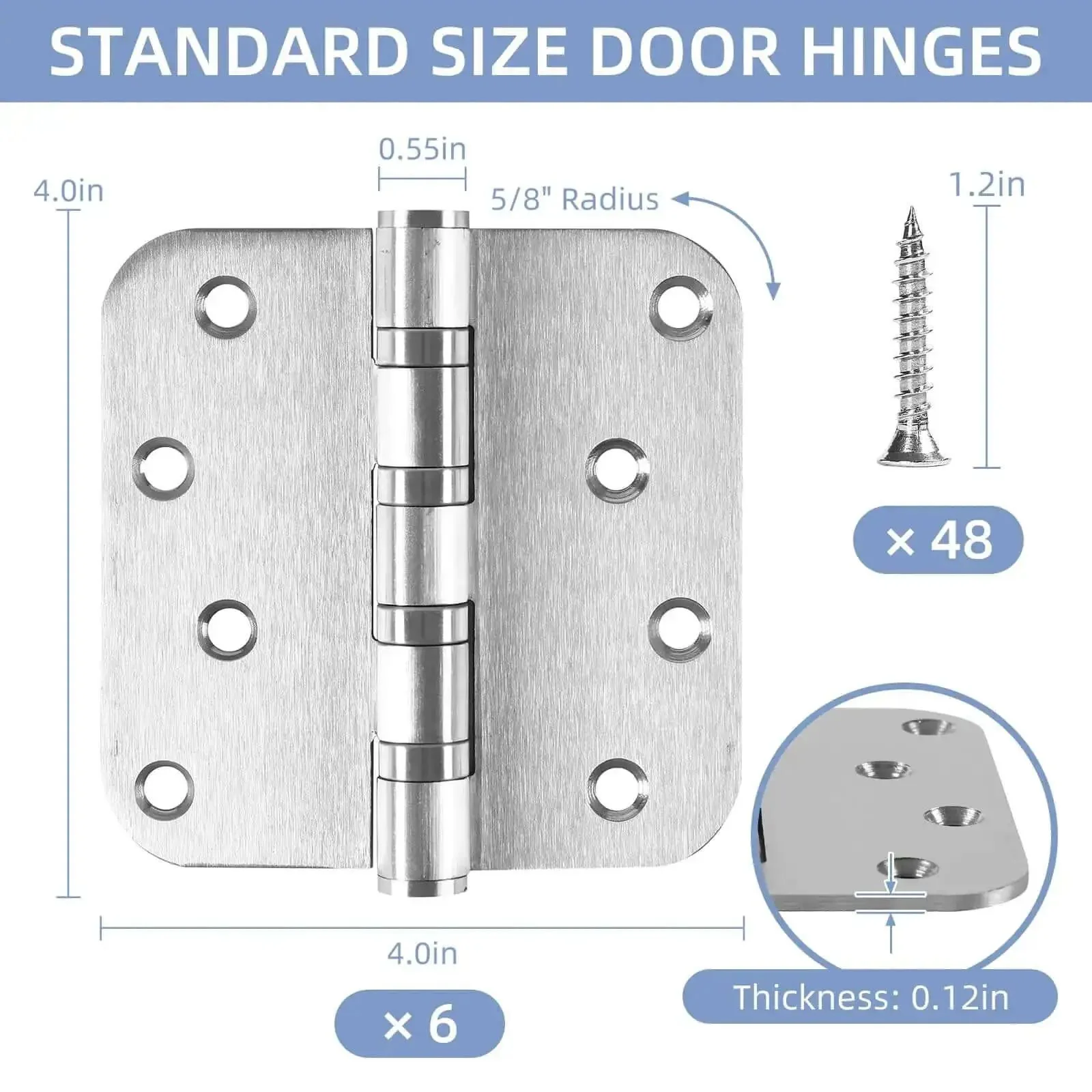 Heavy Duty Stainless Steel Door Hinges Set 6 Pack, 4 By 4 Inch Brushed Nickel Ball Bearing Hinges With Non-Removable Pin, Built To Last, Rust-Resistant For Residential And Heavy-Duty Doors, 5 Eighths Radius Corners - Image 6