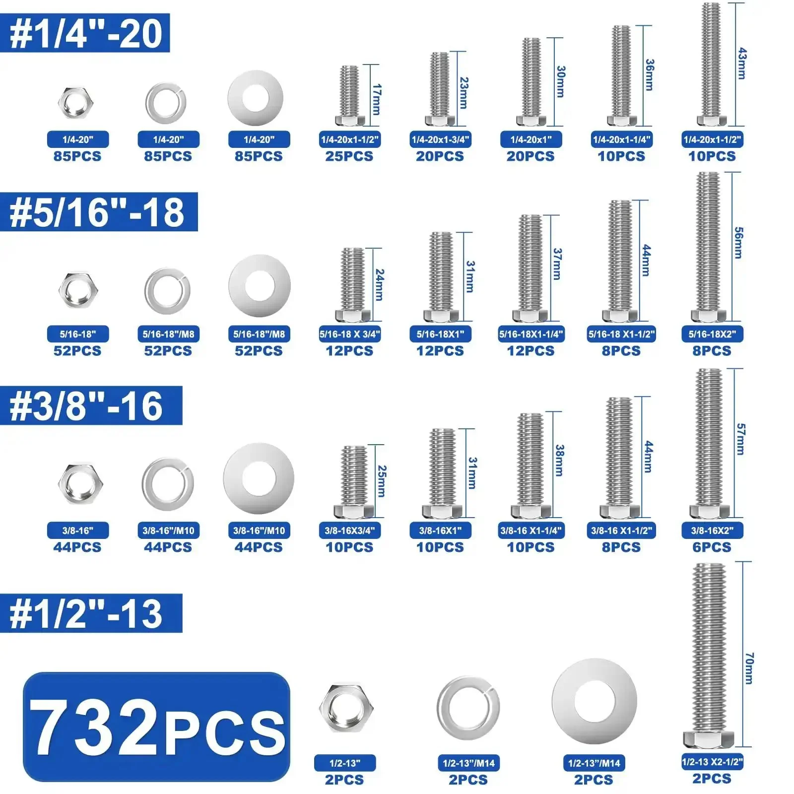 Heavy Duty Stainless Steel Hex Bolts And Nuts Kit In A Handy Portable Box, 16 Sizes From 1/4-20 To 1/2-13, 304 Stainless Hardware, Includes Nuts Bolts And Washers, 732 Pcs Assortment For DIY Projects And Home Repairs - Image 6