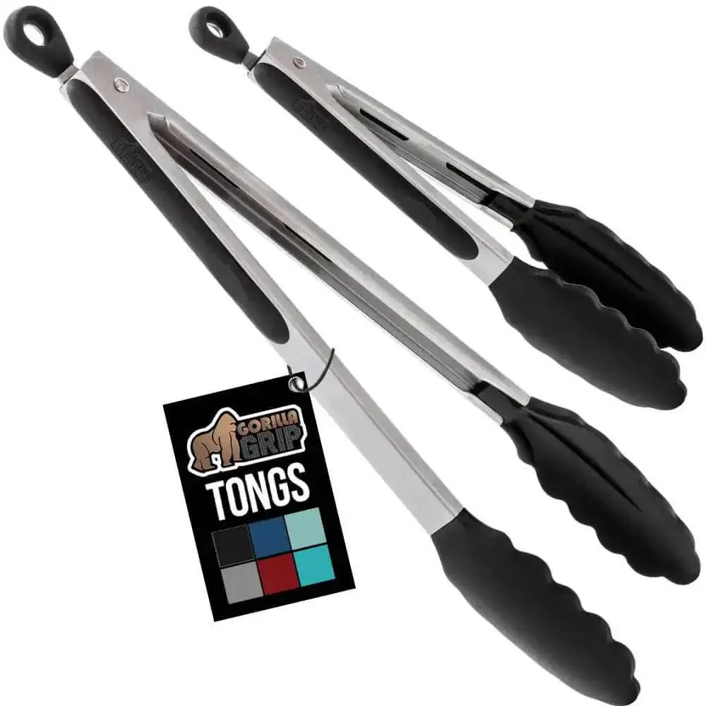 Heavy Duty Stainless Steel Kitchen Tongs Set Of 2 With Heat Resistant Silicone Tips, Non Scratch Gripping Tongs For Cooking, Grabbing, Tossing Salads, BBQ, Air Fryer, 7 Inch And 9 Inch, Lockable, Black