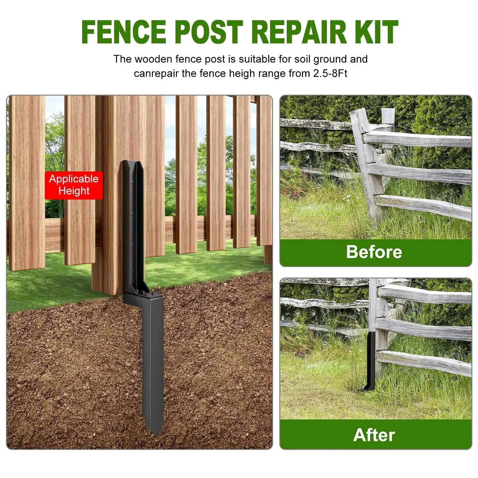 Heavy Duty Steel Fence Post Repair Kit Ground Spike Anchor For Fixing Leaning Or Broken Wood Posts Two Piece 33.62 Inch Pile Kit With Bolts No Holes Needed For Strong Fence Support - Image 6