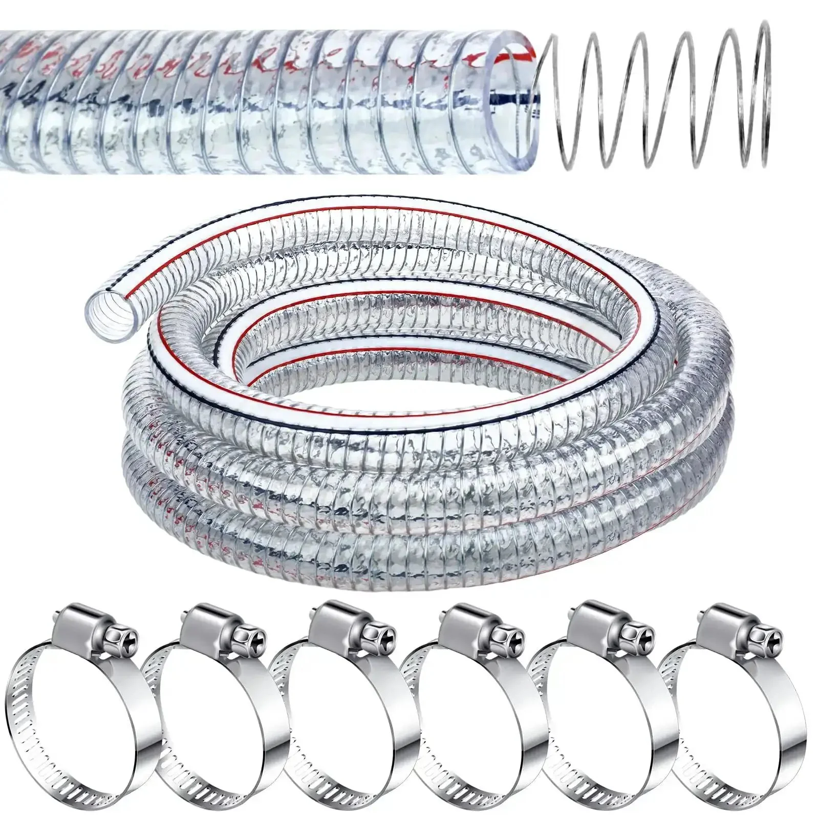 Heavy Duty Steel Wire Flexible PVC Vacuum Hose 1 Inch Inner Diameter 10 Ft With Fasteners Reinforced Clear Tubing For Pond Marine Bilge Pump Garden Pool Vacuum Suction High Pressure Hose