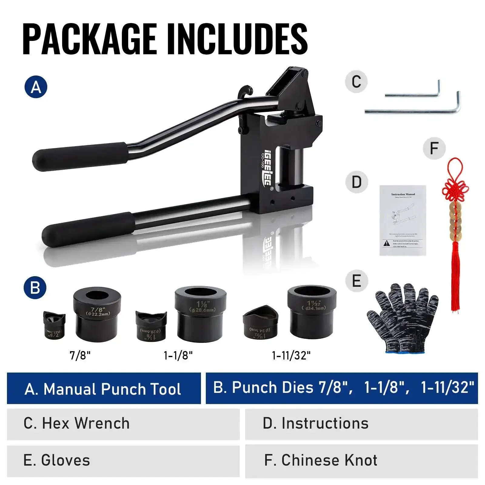 Heavy Duty Stud Punch Set For Sheet Metal 7/8, 1-1/8, And 1-11/32 Inch Holes, 20GA Steel, Lever Puncher With Lightweight Aluminum Head, Easy Grip Pro Grade Hole Punch Kit CC-100 - Image 6
