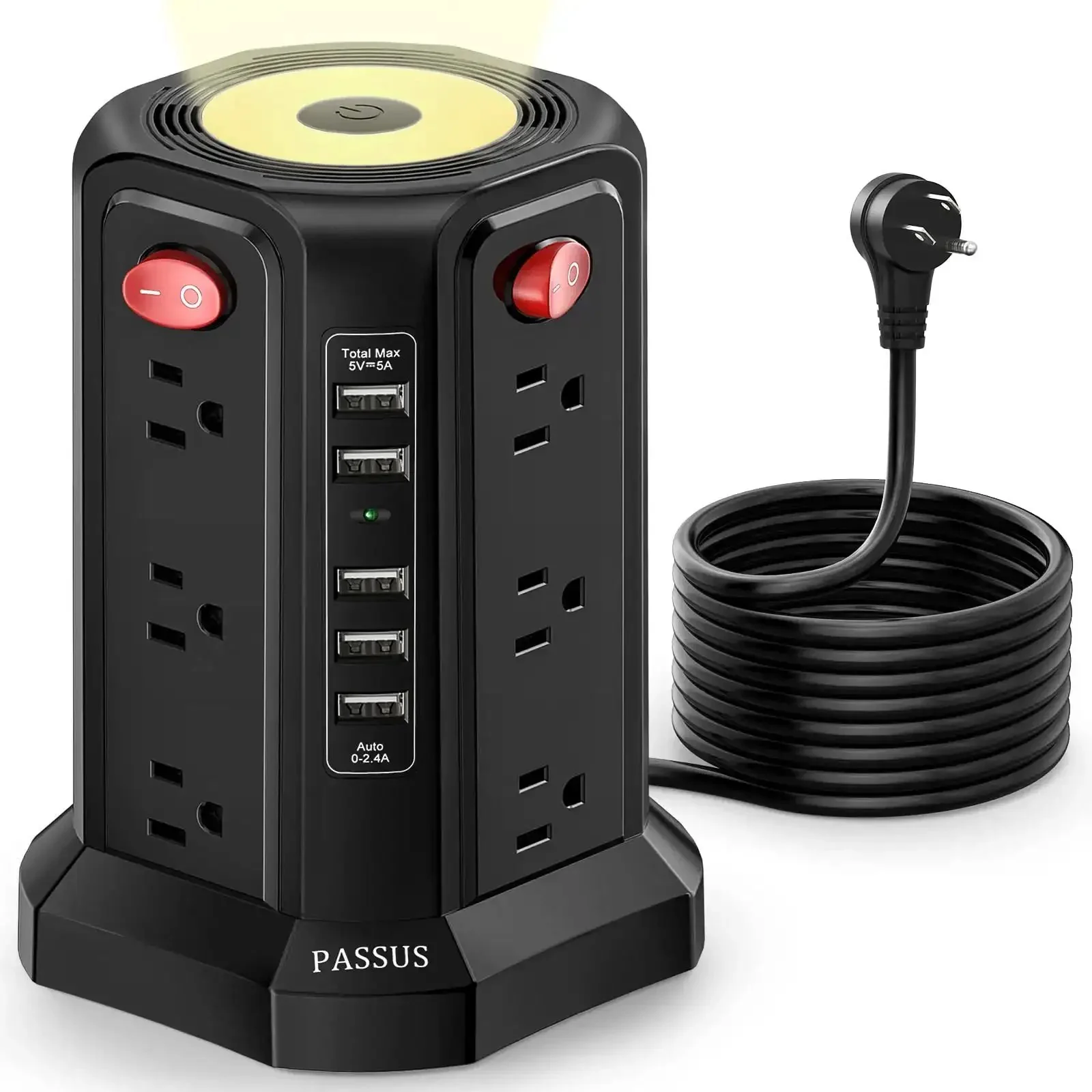 Heavy Duty Surge Protector Power Tower With 5 USB Ports And Night Light, 10 Ft Extension Cord And 12 AC Outlets For Home Office Dorm Setup, Overload Protection, UL Certified, Safe And Reliable Power Hub