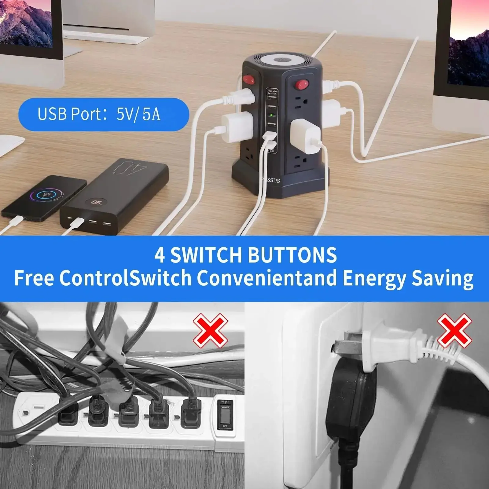 Heavy Duty Surge Protector Power Tower With 5 USB Ports And Night Light, 10 Ft Extension Cord And 12 AC Outlets For Home Office Dorm Setup, Overload Protection, UL Certified, Safe And Reliable Power Hub - Image 3