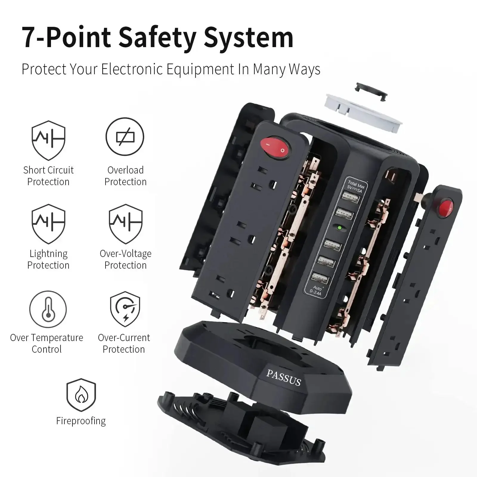 Heavy Duty Surge Protector Power Tower With 5 USB Ports And Night Light, 10 Ft Extension Cord And 12 AC Outlets For Home Office Dorm Setup, Overload Protection, UL Certified, Safe And Reliable Power Hub - Image 4