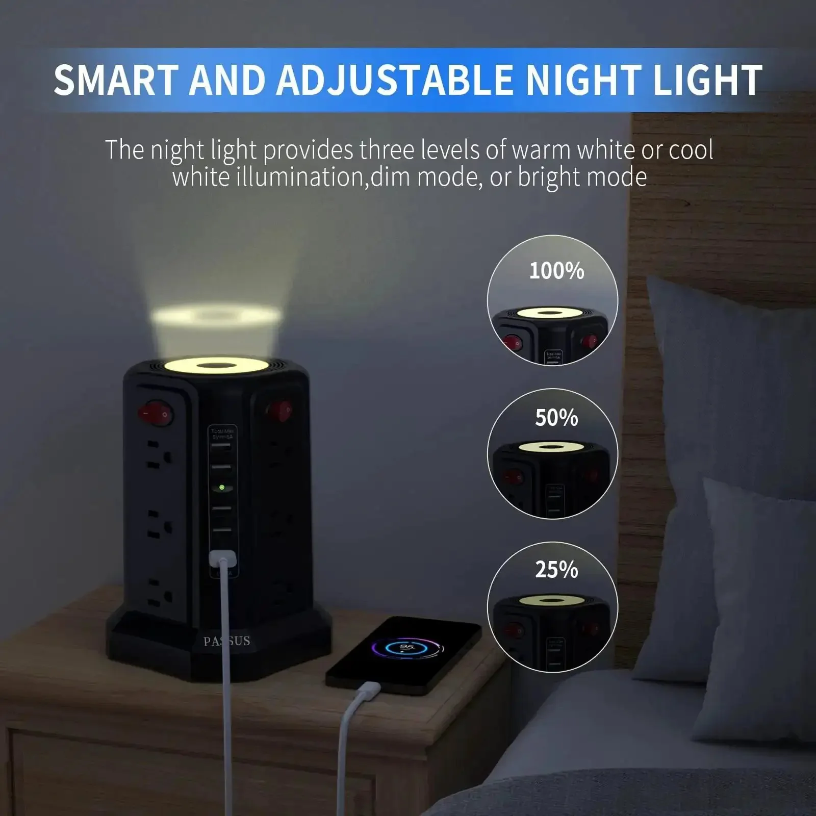 Heavy Duty Surge Protector Power Tower With 5 USB Ports And Night Light, 10 Ft Extension Cord And 12 AC Outlets For Home Office Dorm Setup, Overload Protection, UL Certified, Safe And Reliable Power Hub - Image 5