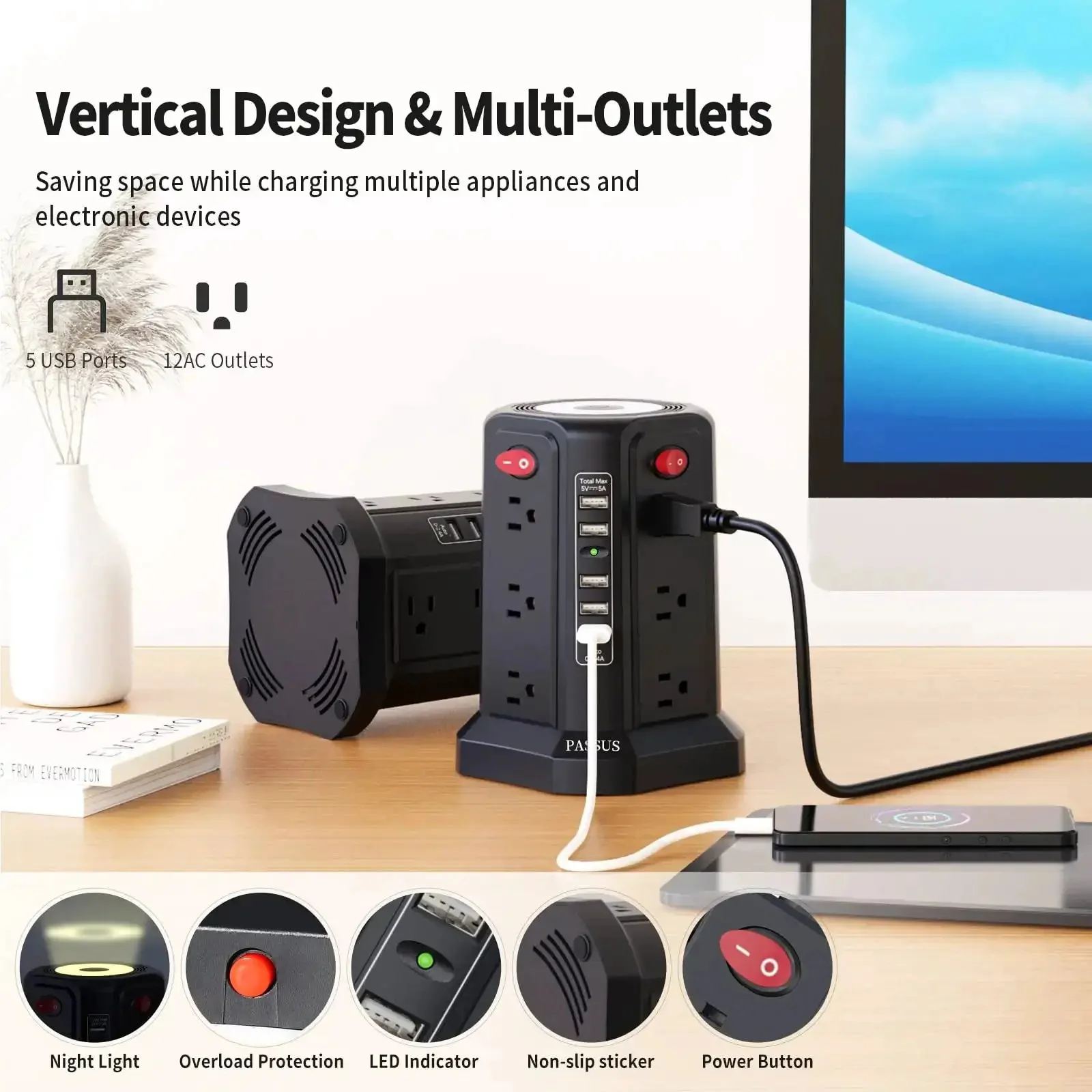 Heavy Duty Surge Protector Power Tower With 5 USB Ports And Night Light, 10 Ft Extension Cord And 12 AC Outlets For Home Office Dorm Setup, Overload Protection, UL Certified, Safe And Reliable Power Hub - Image 6