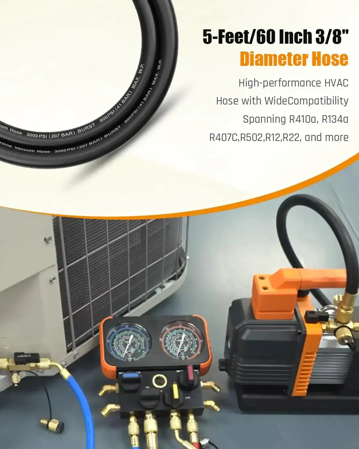 Heavy Duty Three Eighths Inch Vacuum Hose With Three Eighths Inch Fittings, Five Ft Black, Built To Handle 600 PSI Working Pressure And 3000 PSI Burst, Fits Most Refrigeration And Air Conditioning Equipment, R410A Ready For High Pressure Jobs - Image 3