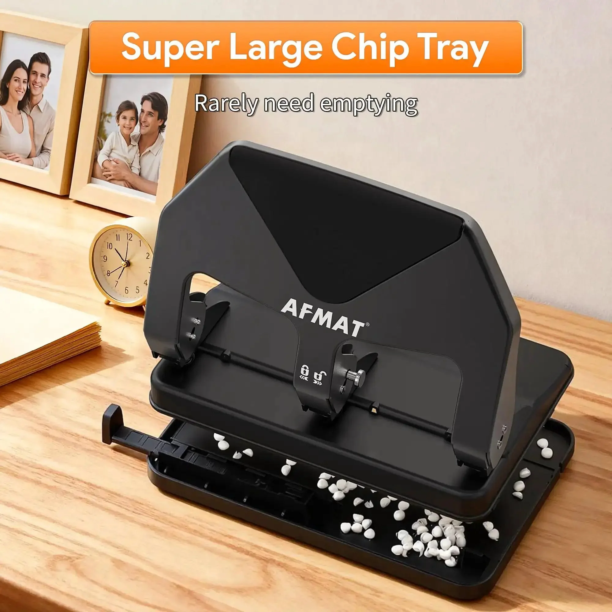 Heavy Duty Three Hole Punch 50 Sheet Capacity With 50 Percent Less Effort Labor Saving Lever No Fuss Large Chip Tray Adjustable Paper Guide Metal Office Punch For Binders HP20 Black - Image 2