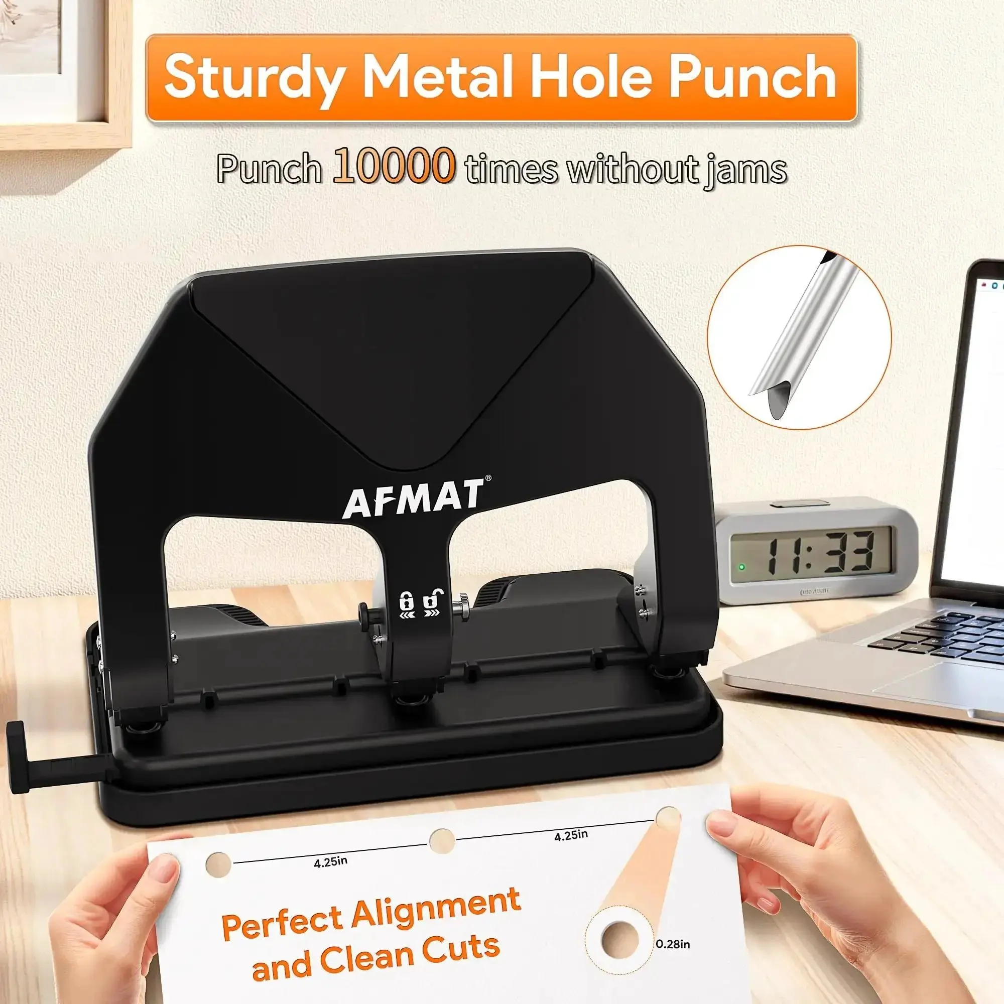 Heavy Duty Three Hole Punch 50 Sheet Capacity With 50 Percent Less Effort Labor Saving Lever No Fuss Large Chip Tray Adjustable Paper Guide Metal Office Punch For Binders HP20 Black - Image 4