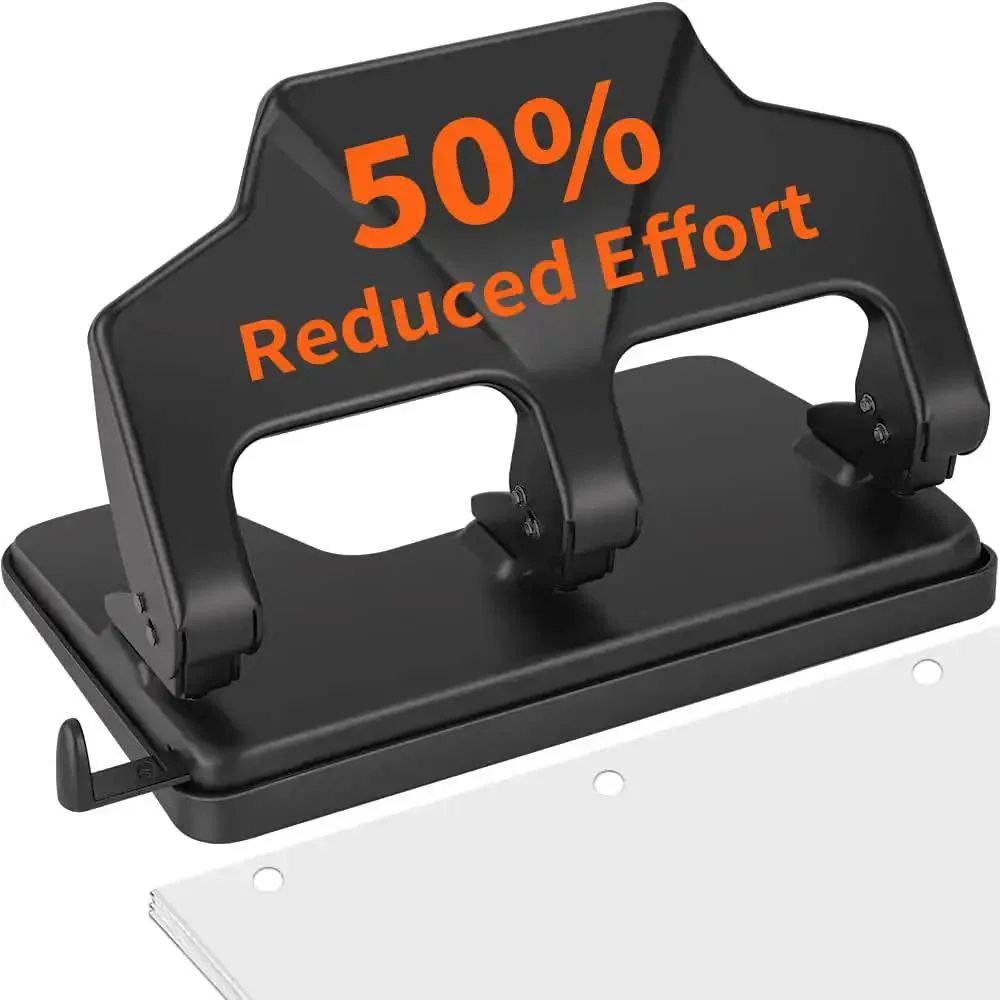Heavy Duty Three Hole Punch For Binders, 40 Sheet Capacity, Nine Thirty Second Inch Holes, Half The Effort Lever, Large Chip Tray, Metal Paper Punch For Home Office School
