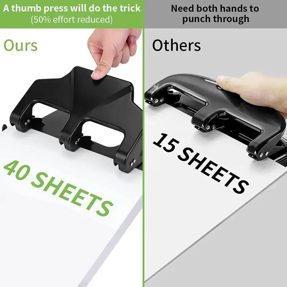 Heavy Duty Three Hole Punch For Binders, 40 Sheet Capacity, Nine Thirty Second Inch Holes, Half The Effort Lever, Large Chip Tray, Metal Paper Punch For Home Office School - Image 6