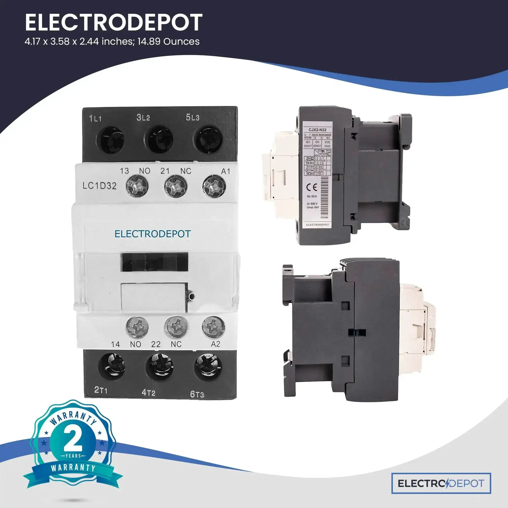 Heavy Duty Three Pole 30A Contactor With 110 To 120V Coil For Motors And Lighting, Handles 32A Motor Load And 40A Lighting, 600V IEC DIN Rail Mount, Includes 1NO And 1NC Auxiliary Contact - Image 3