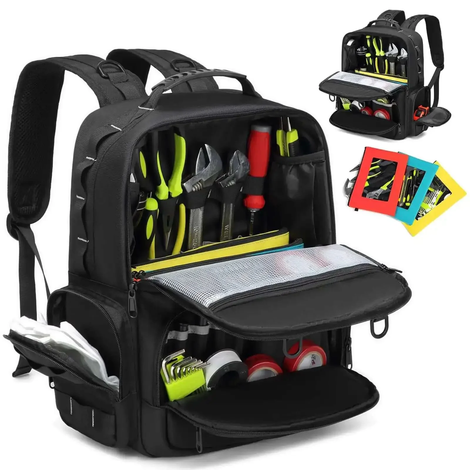 Heavy Duty Tool Backpack With Large Interior And Three Pouches For Electricians HVAC Techs Construction Pros And Handymen Pro Grade Tool Organizer Bag Worksite Ready
