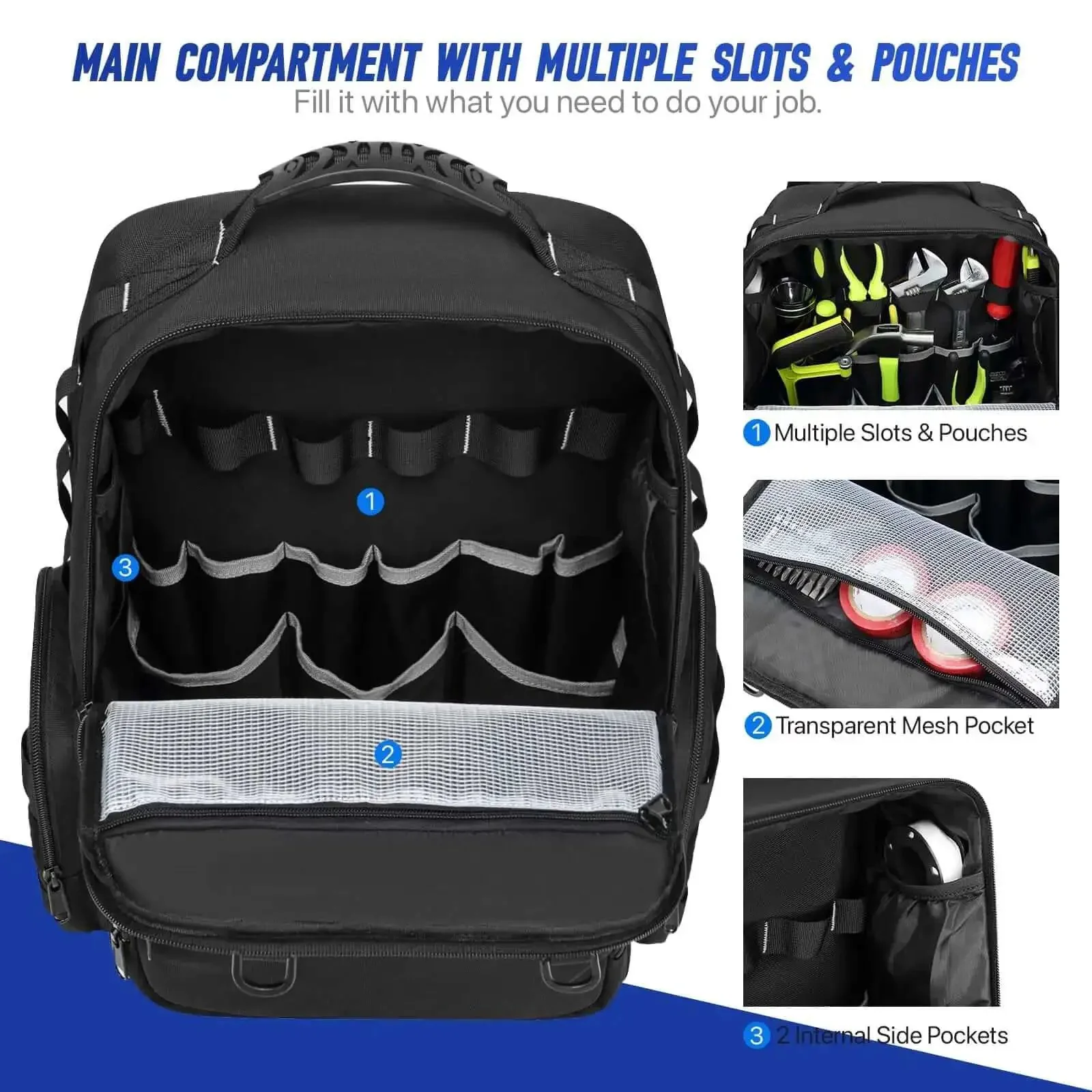 Heavy Duty Tool Backpack With Large Interior And Three Pouches For Electricians HVAC Techs Construction Pros And Handymen Pro Grade Tool Organizer Bag Worksite Ready - Image 5