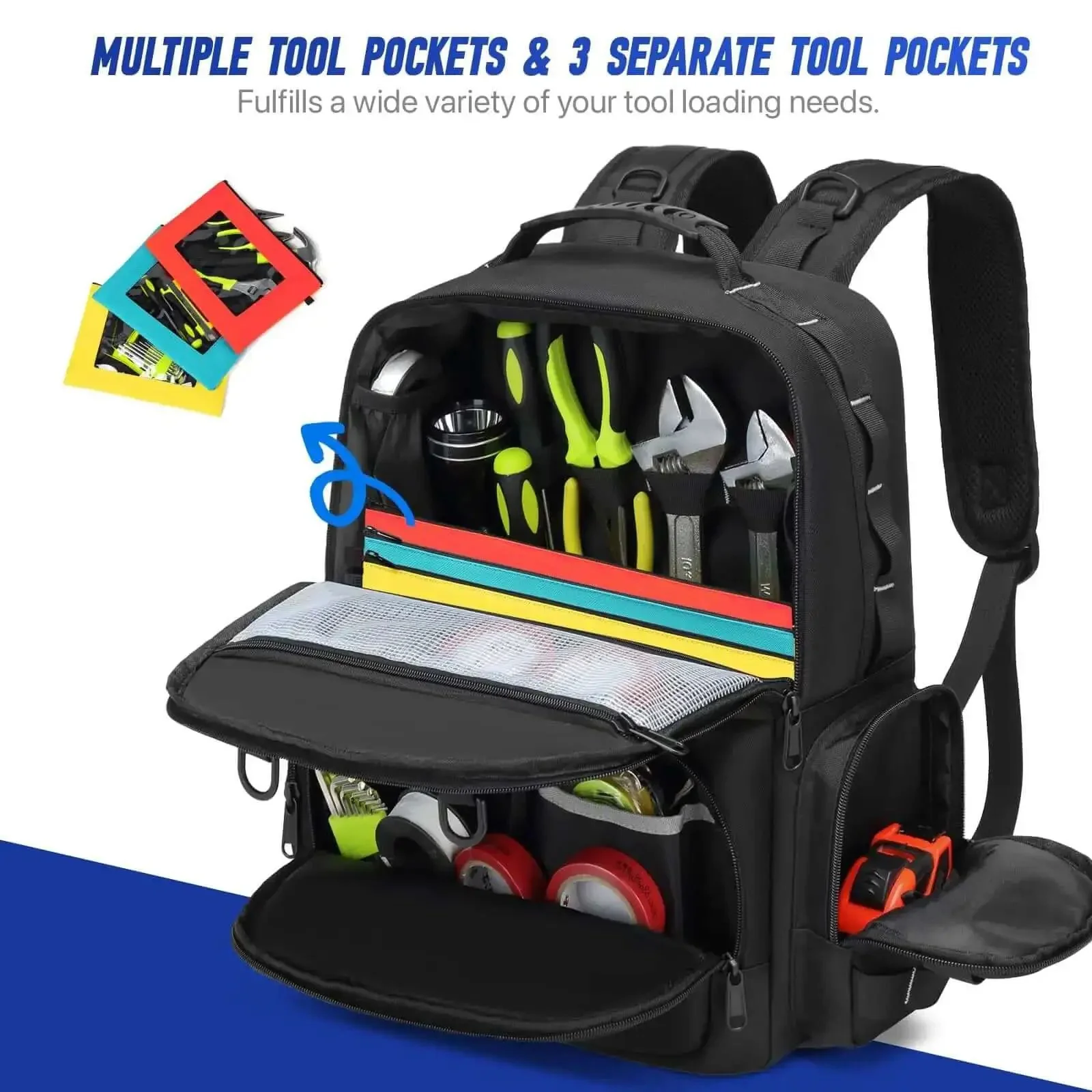 Heavy Duty Tool Backpack With Large Interior And Three Pouches For Electricians HVAC Techs Construction Pros And Handymen Pro Grade Tool Organizer Bag Worksite Ready - Image 6