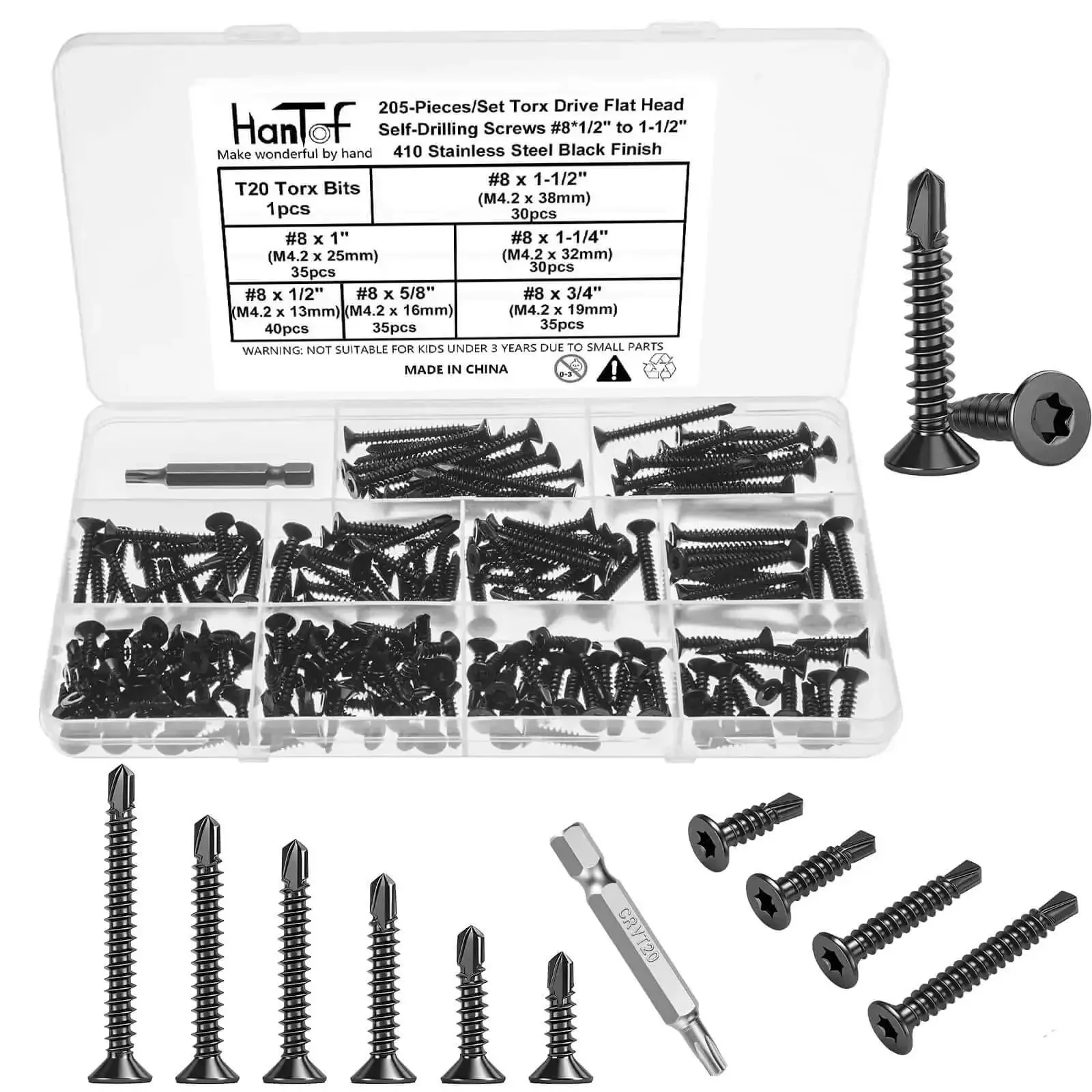Heavy Duty Torx Drive Self-Tapping Screws for Metal With Flat Head 410 Stainless Steel Black Dacromet Coated TEK Screws Set 8x1/2 to 1-1/2 Inch Includes One T20 Bit Ideal for Outdoor Projects