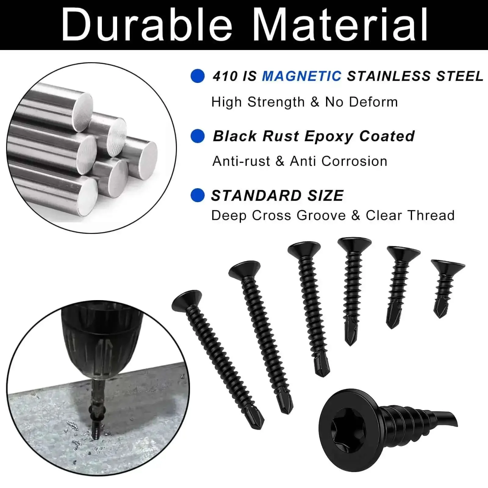 Heavy Duty Torx Drive Self-Tapping Screws for Metal With Flat Head 410 Stainless Steel Black Dacromet Coated TEK Screws Set 8x1/2 to 1-1/2 Inch Includes One T20 Bit Ideal for Outdoor Projects - Image 6