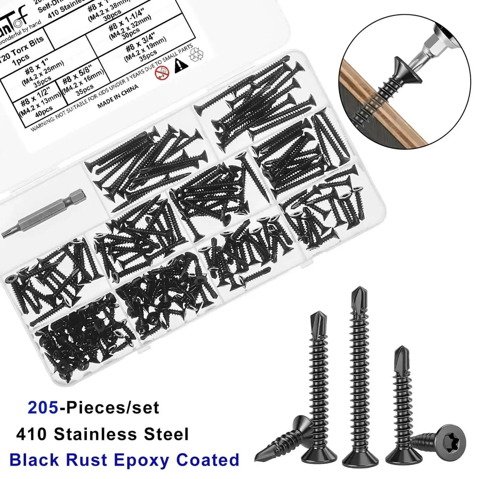 Heavy Duty Torx Drive Self-Tapping Screws for Metal With Flat Head 410 Stainless Steel Black Dacromet Coated TEK Screws Set 8x1/2 to 1-1/2 Inch Includes One T20 Bit Ideal for Outdoor Projects - Image 8
