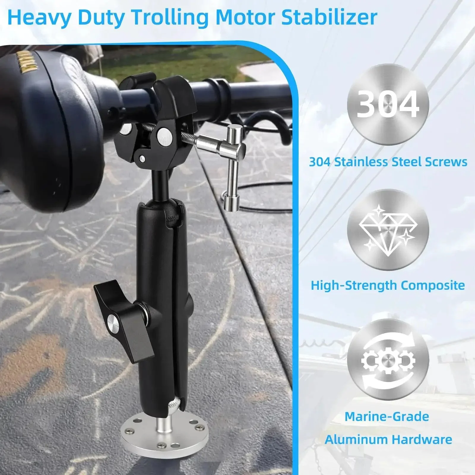 Heavy Duty Trolling Motor Stabilizer Mount For 2-Inch Bar Fits Terrova Riptide Terrova Ulterra PowerDrive Reduces Vibration And Bounce With Rock Solid Silicone Cap Clamp 360 Degree Adjustable For Steady Trailering - Image 4