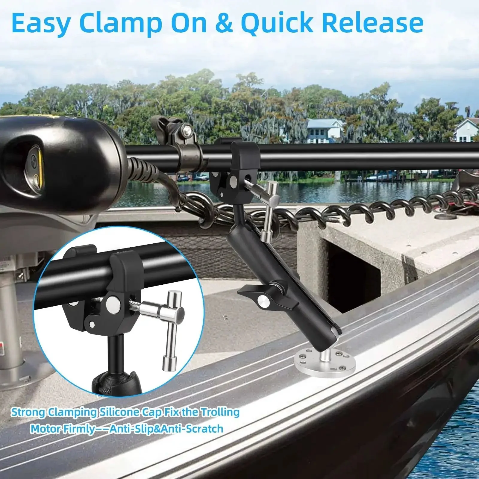 Heavy Duty Trolling Motor Stabilizer Mount For 2-Inch Bar Fits Terrova Riptide Terrova Ulterra PowerDrive Reduces Vibration And Bounce With Rock Solid Silicone Cap Clamp 360 Degree Adjustable For Steady Trailering - Image 7