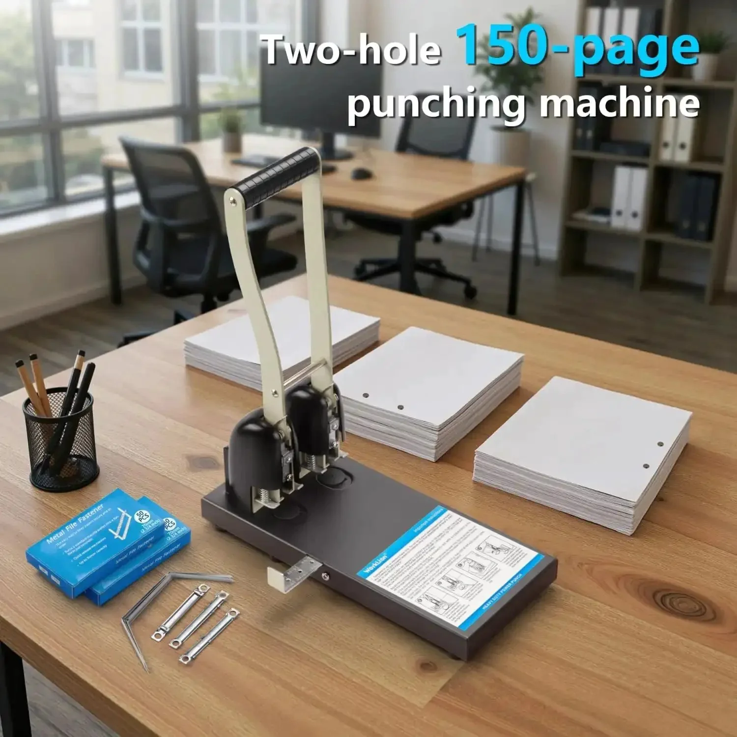 Heavy Duty Two Hole Paper Punch For Binders Metal Power Puncher With Long Lever Punches Up To 150 Sheets Two And Three Quarter Inch Hole Distance 70 Millimeter Includes 100 Paper Fasteners Built For Pro Style Office Workhorse - Image 2
