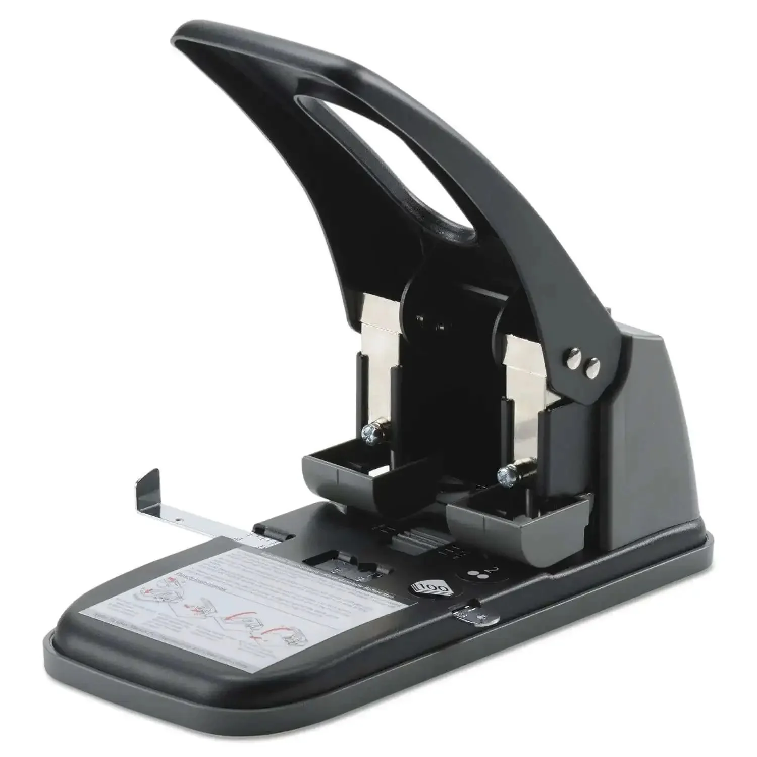 Heavy Duty Two Hole Punch With High Capacity For 100 Sheets Built Tough Metal Construction Wide Handle For Easy Storage Lock In Closed Position Black Finish Ideal For Busy Offices