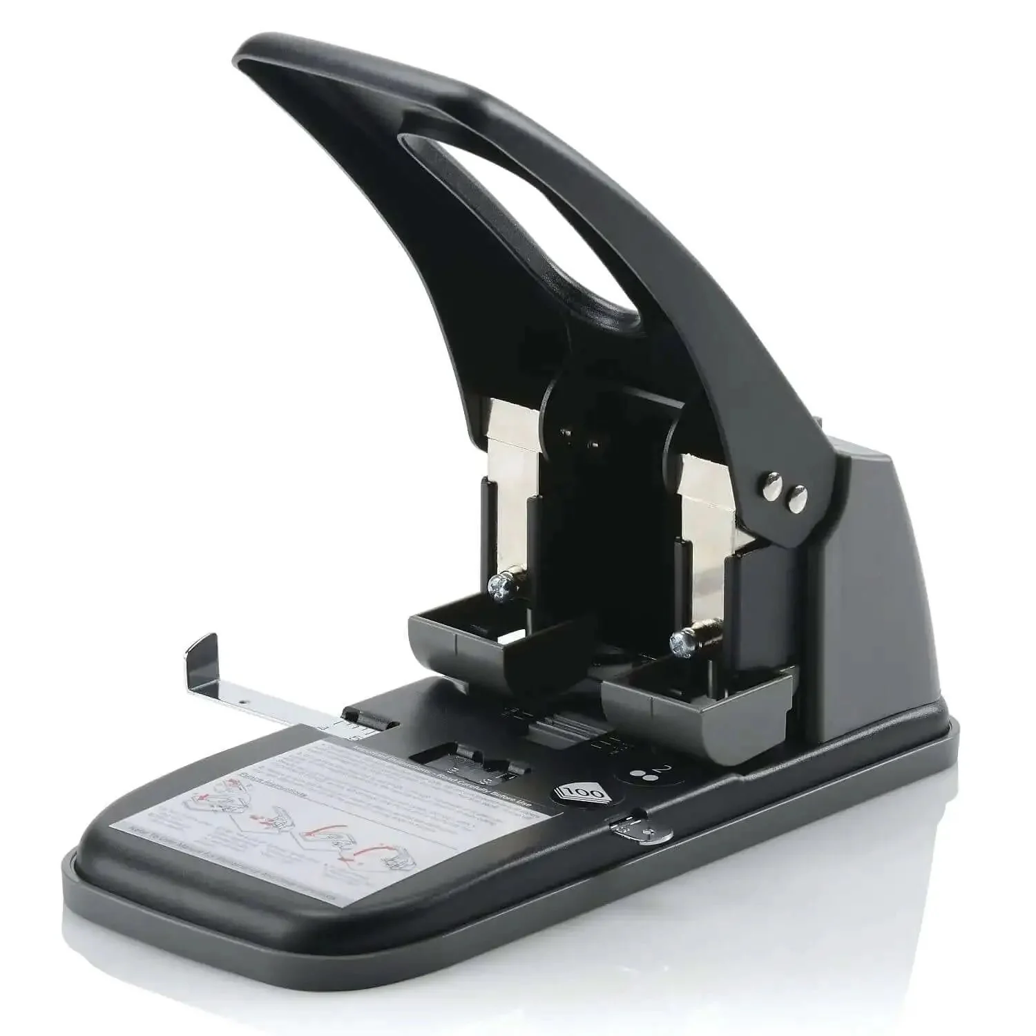 Heavy Duty Two Hole Punch With High Capacity For 100 Sheets Built Tough Metal Construction Wide Handle For Easy Storage Lock In Closed Position Black Finish Ideal For Busy Offices - Image 3