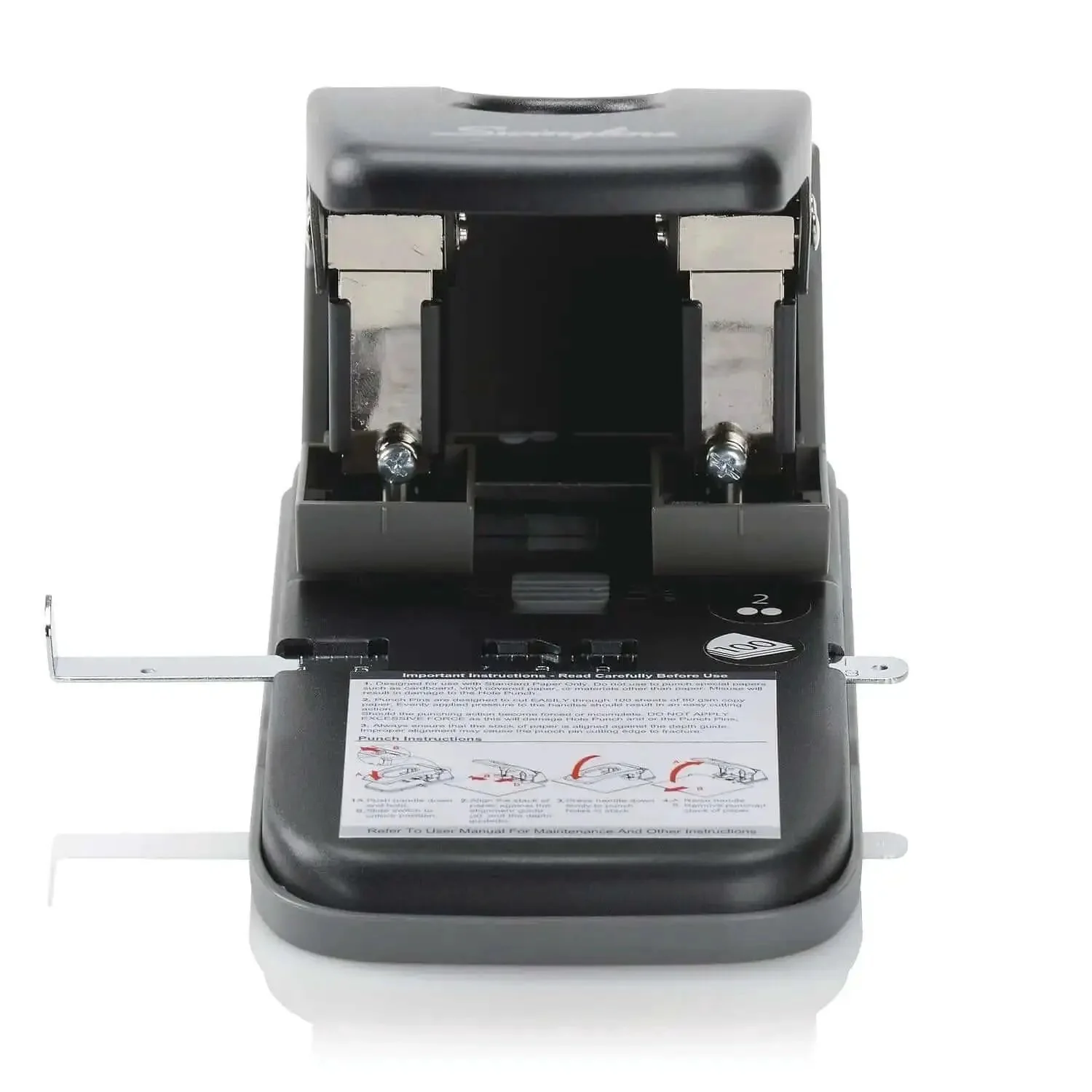 Heavy Duty Two Hole Punch With High Capacity For 100 Sheets Built Tough Metal Construction Wide Handle For Easy Storage Lock In Closed Position Black Finish Ideal For Busy Offices - Image 4