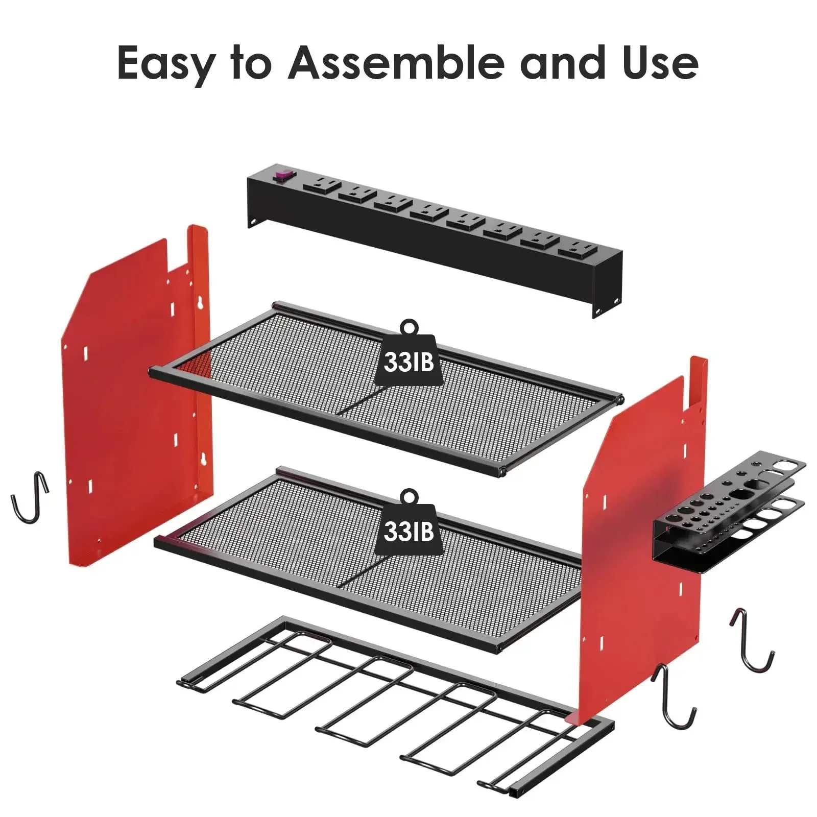 Heavy Duty Wall Mount Power Tool Organizer With Charging Station, Drill Storage Shelf With Hooks, Battery Holder And Built In 8 Outlet Power Strip, Garage Organizer Rack In Red, 1 Pack - Image 4