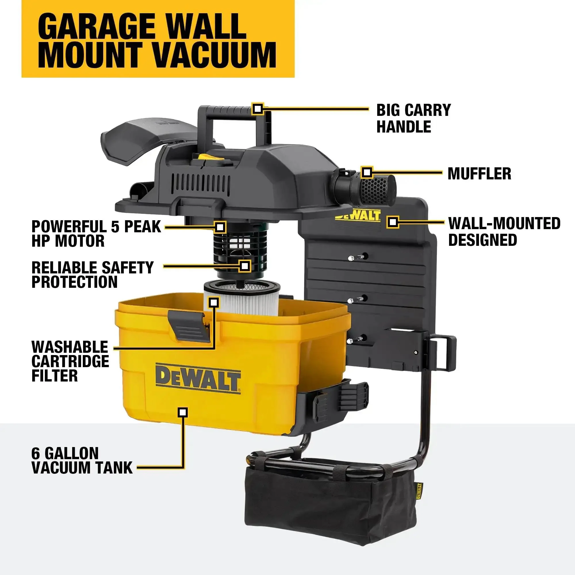 Heavy-Duty Wall-Mount Wet-Dry Vacuum For Garage And Shop, 6 Gallon Capacity, 5 Peak HP Motor, DXV06G Beast Mode Suction, Easy Install, Pro-Grade Cleanup For Messy Jobs - Image 7