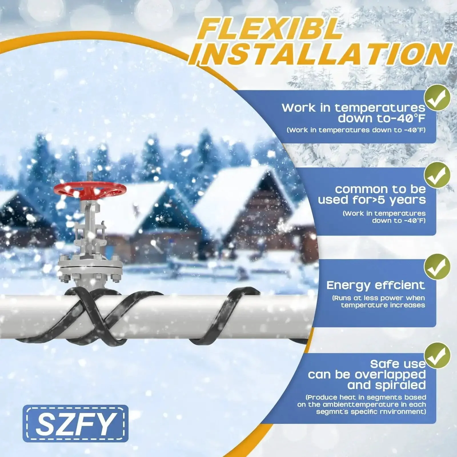 Heavy Duty Water Pipe Heat Tape for Freeze Protection, Roof and Gutter Deicing Cable, 3 to 200 Feet, -40F Ready Heating Wire, 120V 5W Per Foot, Great For Pipes Hoses Plumbing Fixtures Barns Farms Outdoor Winter Heating - Image 6