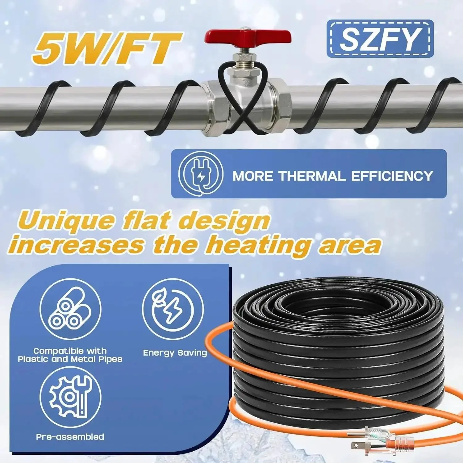 Heavy Duty Water Pipe Heat Tape for Freeze Protection, Roof and Gutter Deicing Cable, 3 to 200 Feet, -40F Ready Heating Wire, 120V 5W Per Foot, Great For Pipes Hoses Plumbing Fixtures Barns Farms Outdoor Winter Heating - Image 7