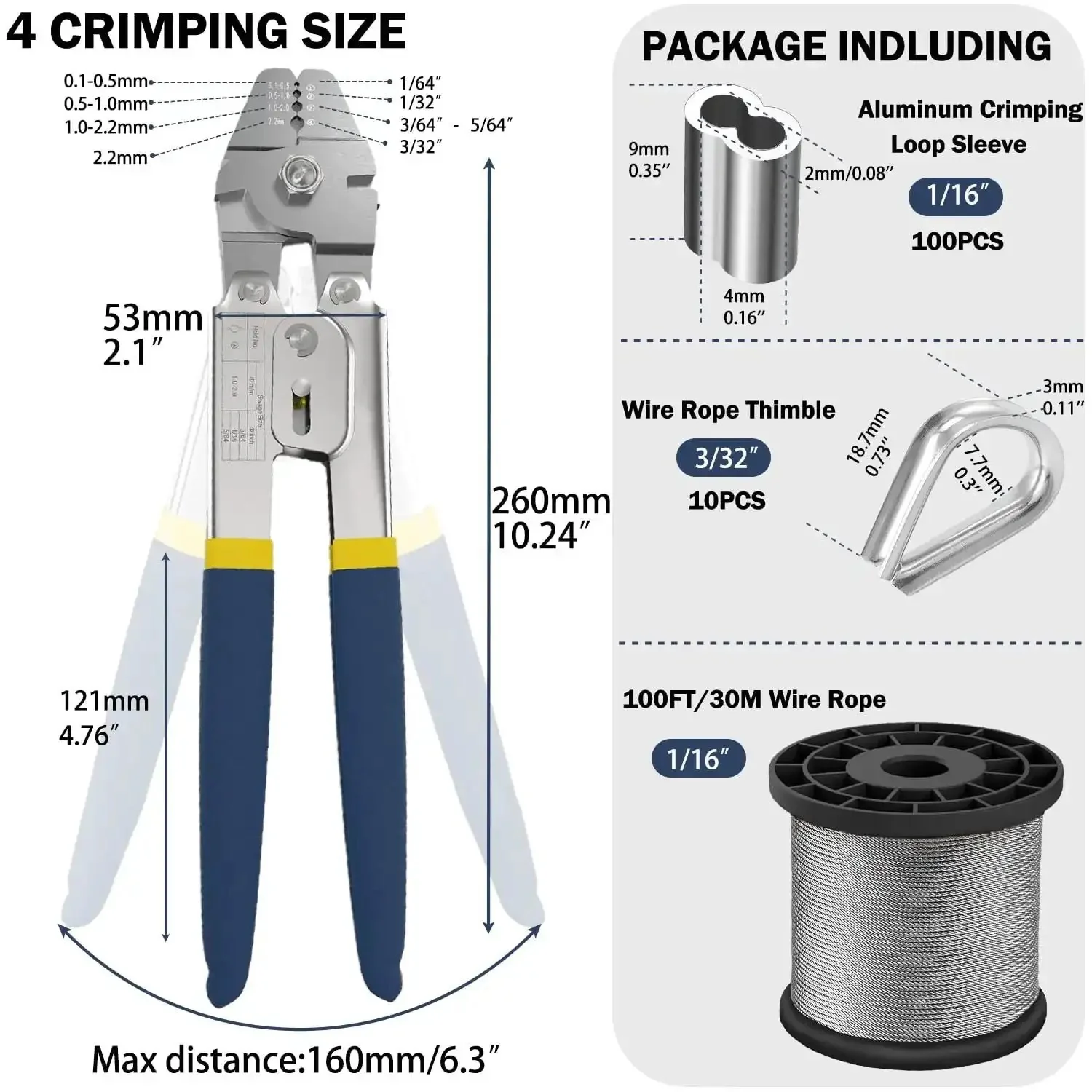 Heavy Duty Wire Rope Crimping Tool Kit With 100 Ft One Sixteenth Inch Stainless Steel Cable, 100 Aluminum Crimping Loop Sleeves, 10 Stainless Steel Wire Rope Thimbles And Crimping Pliers - Image 9