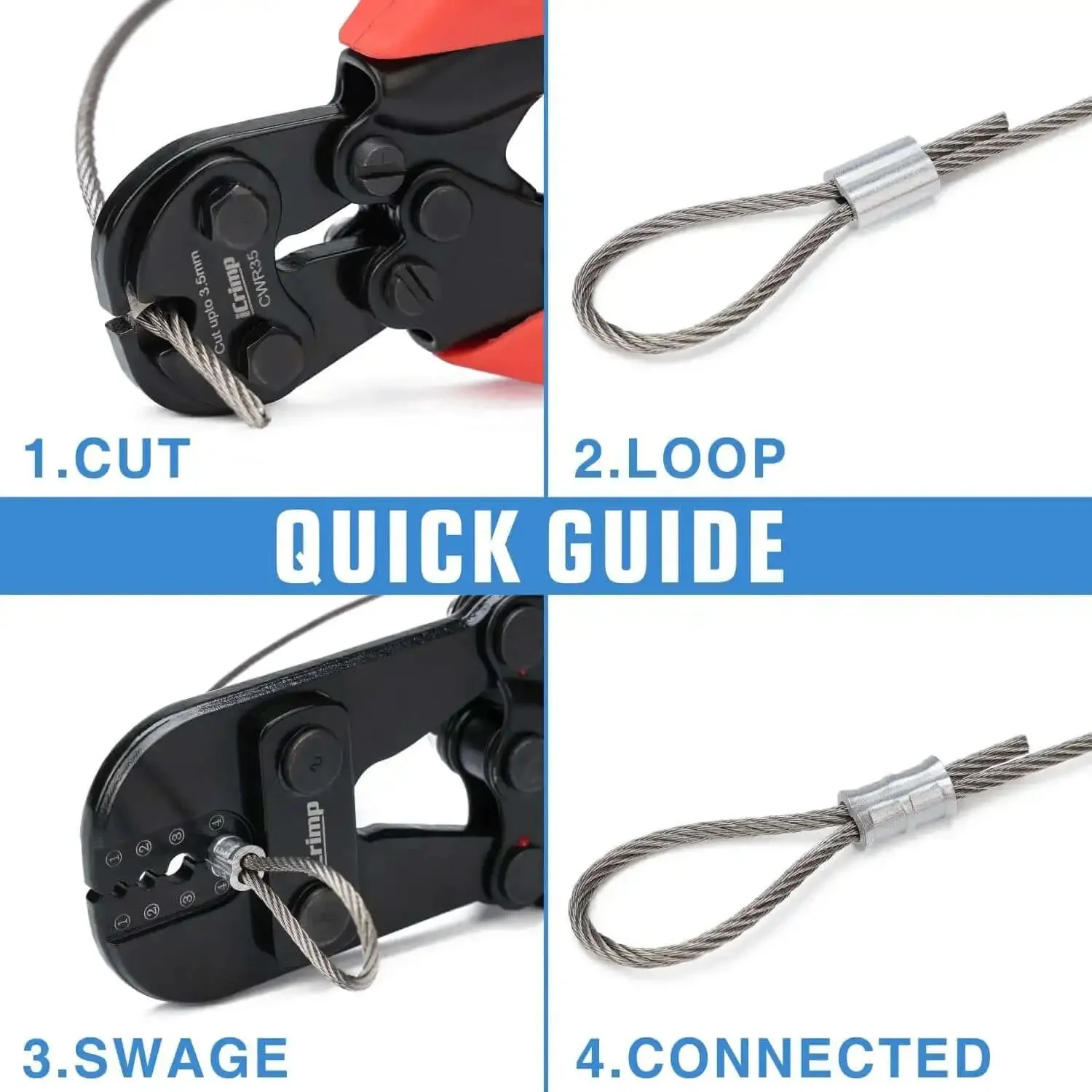 Heavy Duty Wire Rope Crimping Tool Kit With Swager And Cutter, Aluminum Loop Sleeves Set In Sizes 3/64 1/16 5/64 3/32 7/64 1/8 For Mono Fishing Line Cable Railings And Slings For DIYers And Pros - Image 5