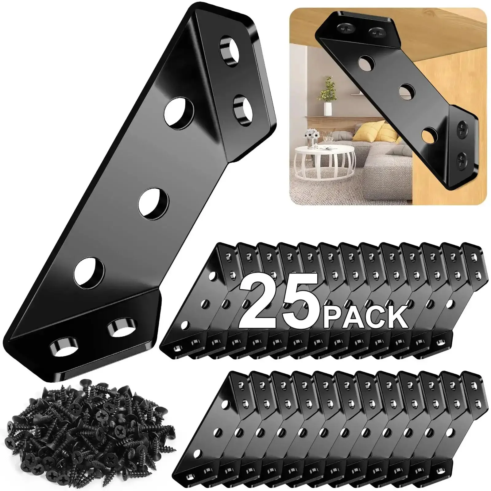Heavy Duty Wood Corner Brackets With 150 Screws 25 Piece Set Beefy Black Metal Shelf Connectors For Wood Furniture Universal Size Sturdy Angle Braces For Secure Mounting And Long Lasting Shelves