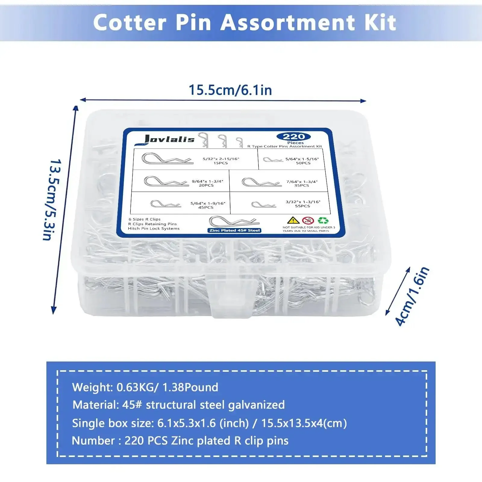 Heavy Duty Zinc Plated R Clips And Cotter Pins Kit, 220 Piece Spring Fastener Assortment For Hitches, Lawn Mowers And Trucks, Durable Steel Pins For Heavy Duty Quick Security And Easy Maintenance - Image 3