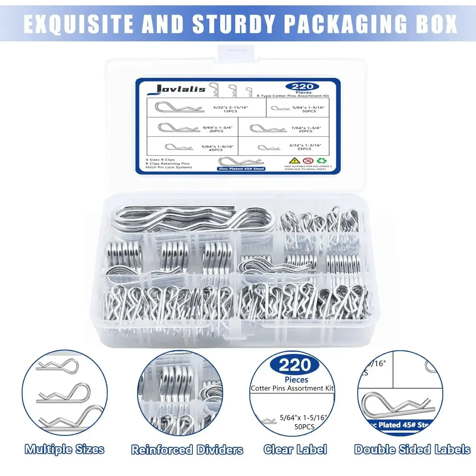 Heavy Duty Zinc Plated R Clips And Cotter Pins Kit, 220 Piece Spring Fastener Assortment For Hitches, Lawn Mowers And Trucks, Durable Steel Pins For Heavy Duty Quick Security And Easy Maintenance - Image 4