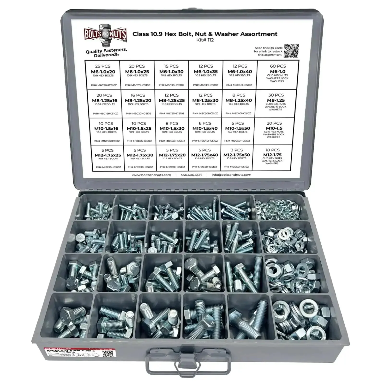 Hex Cap Screws Bolts Nuts And Washers All In One Assortment Kit, 575 Pieces, Class 10.9 Zinc Clear Finish, M6 M8 M10 M12, Flat Washers And Lock Washers, Heavy Duty Steel 24 Hole Tray For Tool Cabinets And Projects
