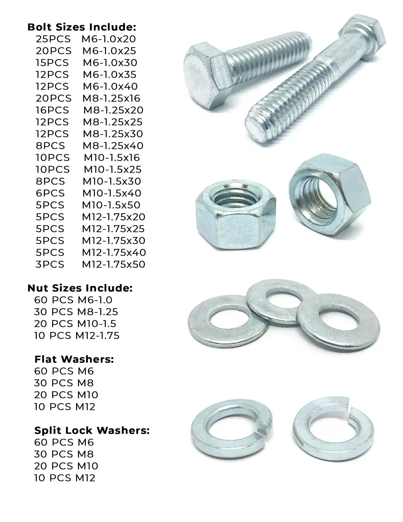 Hex Cap Screws Bolts Nuts And Washers All In One Assortment Kit, 575 Pieces, Class 10.9 Zinc Clear Finish, M6 M8 M10 M12, Flat Washers And Lock Washers, Heavy Duty Steel 24 Hole Tray For Tool Cabinets And Projects - Image 4