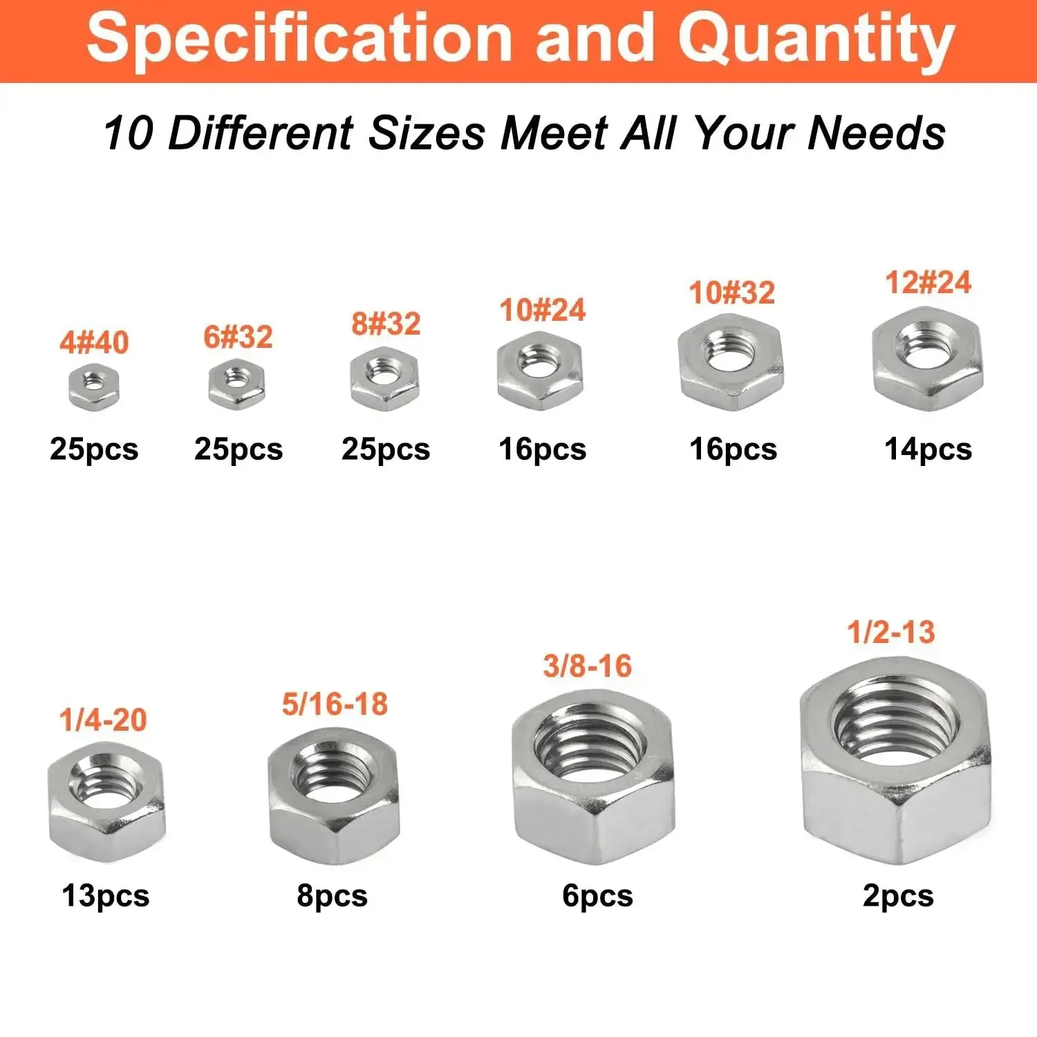 Hex Nuts Assortment Kit 150 Piece Set In 10 SAE Sizes Stainless Steel 304 Includes 4-40 6-32 8-32 10-24 10-32 12-24 1/4-20 5/16-18 3/8-16 1/2-13 Hardware Nuts For DIY Projects And Tool Kits Ideal For Home DIYers And Pro Builds - Image 7