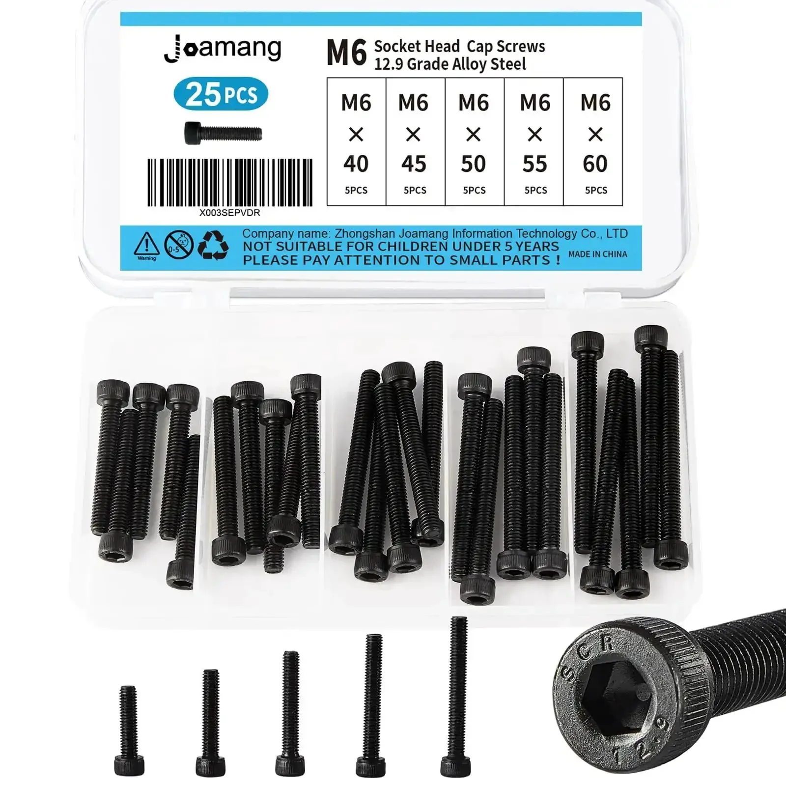 Hex Socket Head Cap Screws Set M6 Bolts 25 Pcs, 12.9 Grade Alloy Steel With Black Oxide Finish, Fully Threaded, Metric Allen Drive, 40 Millimeter, 45 Millimeter, 50 Millimeter, 55 Millimeter, 60 Millimeter Lengths, Heavy Duty Assortment Kit
